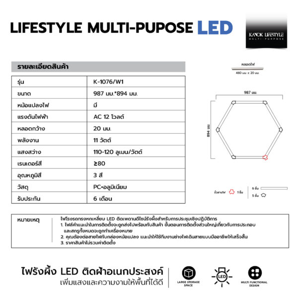 LED ไฟติดฝ้าเพดาน หลอดไฟหกเหลี่ยม รุ่น K-1076/W1