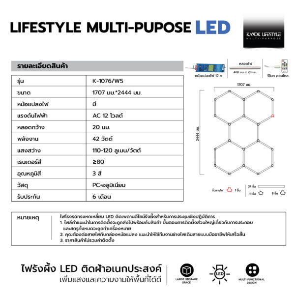 LED ไฟติดฝ้าเพดาน หลอดไฟหกเหลี่ยม รุ่น K-1076/W5