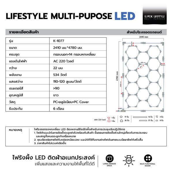 ชุดไฟ LED ติดฝ้าเพดาน (ไฟรังผึ้ง) หลอดไฟหกเหลี่ยม รุ่น K-1077 - Image 2